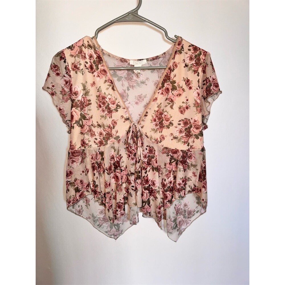 Full Tilt Blouse Womens XL Pink Floral Mesh Babydoll V-Neck Tie Front